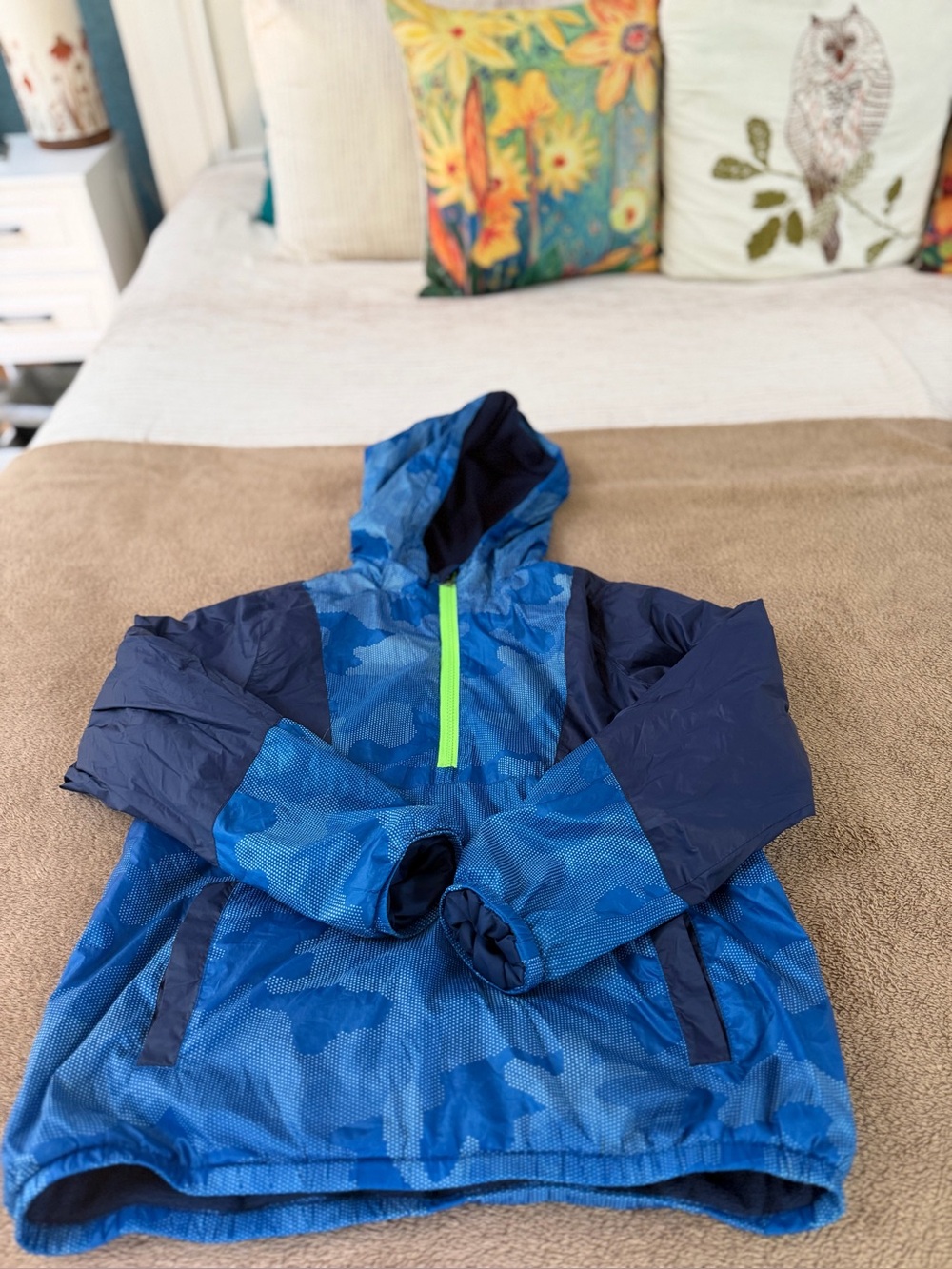 Lands' End Boys' Blue Camo Hooded Rain Jacket with Neon Green Zip